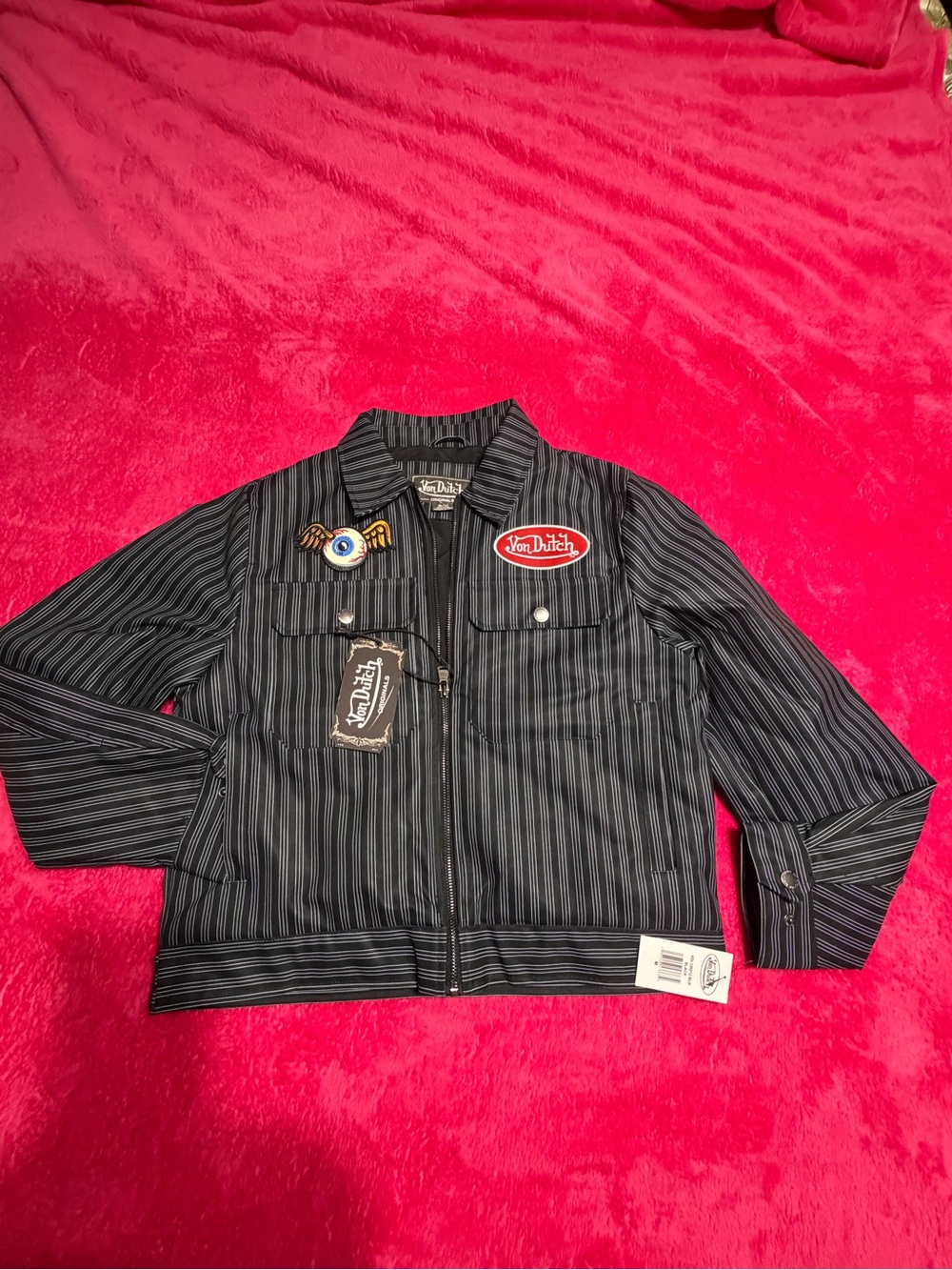 Von Dutch Black Pinstripe Jacket with Patch Accents